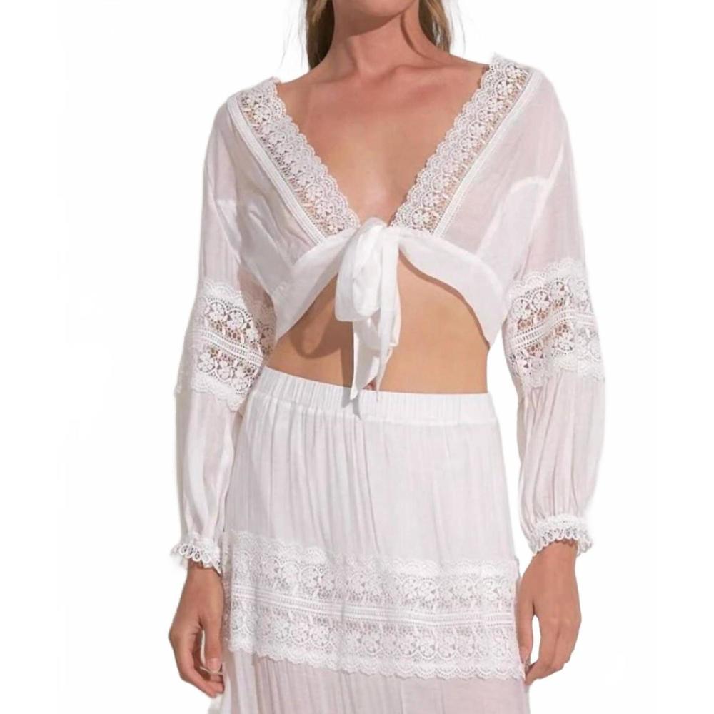 NEW ELAN long sleeve crochet tie front top in white